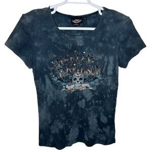 Harley Davidson Y2K Womens Medium Shirt Skull Angel Wings Blue Gray Tie Dye Moto